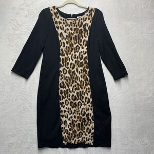 Chico's So Slimming Midi Dress Womens Med/10 Black Leopard Print Knit 3/4 Sleeve